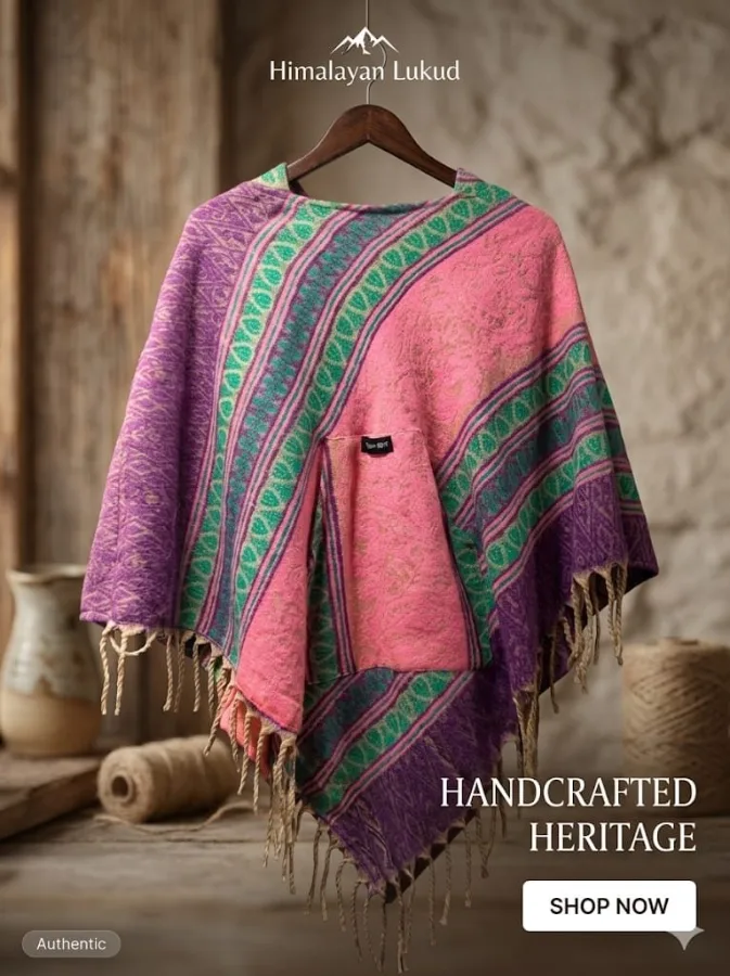 Handcrafted heritage Himalayan yak wool poncho in rose terracotta